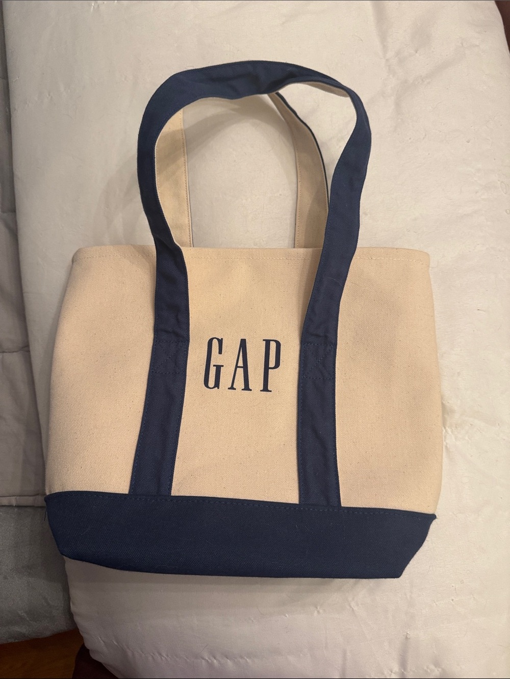 GAP Cream Canvas Tote with Navy Accents
